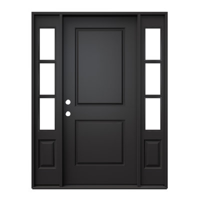 Porte d'entrée extérieure extérieure en fibre de verre 36 po x 80 po, peinte en noir, porte prémontée à 2 panneaux, double imposte latérale fixe noire, porte à 3 carreaux en verre clair avec chambranle, ouverture vers l'intérieur à droite (trousse de quincaillerie non incluse)