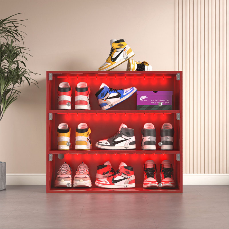 Boîte à chaussures à DEL avec trois couches et portes en verre, Rouge, H 27,95 po x l 14,96 po x P 31,1 po