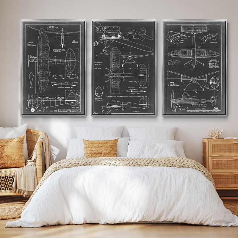 "Aéronautique", ensemble de 3 pièces encadrées sur toile, Argent, H 36 po x l 72 po