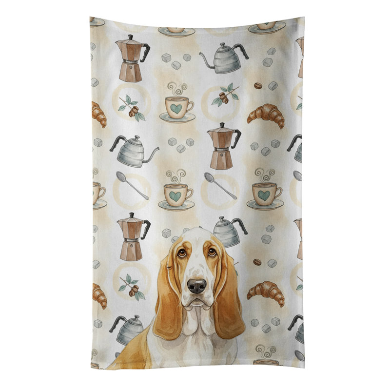 Lemon and White Basset Hound Coffee Bar Kitchen Towel, Lemon and White Basset Hound