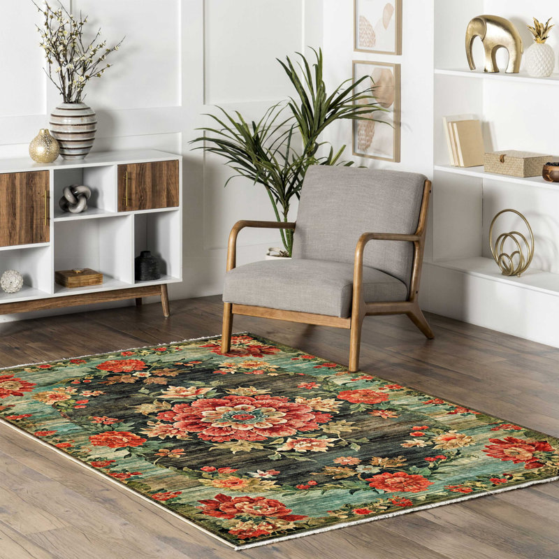 Vintage Look Eilette Pink Blue Red Floral Cotton Chenille Area Rug, Rectangle 3'4" x 6'7"