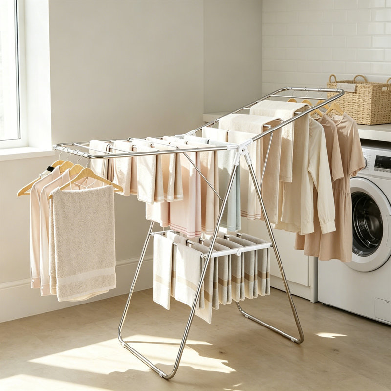 Séchoir à linge pliable à hauteur ajustable, conception en acier inoxydable pour l'intérieur et l'extérieur, blanc, White