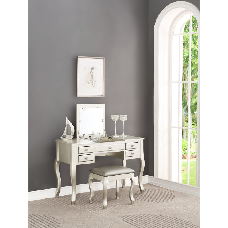 Meuble-lavabo classique argenté avec tabouret, pieds uniques, placage de peuplier sur contreplaqué, dimensions de 43 po x 18 po pour le confort de la chambre à coucher, miroir ouvert moderne rembourré, bois d'hévéa et routine matinale de 39 po de hauteur