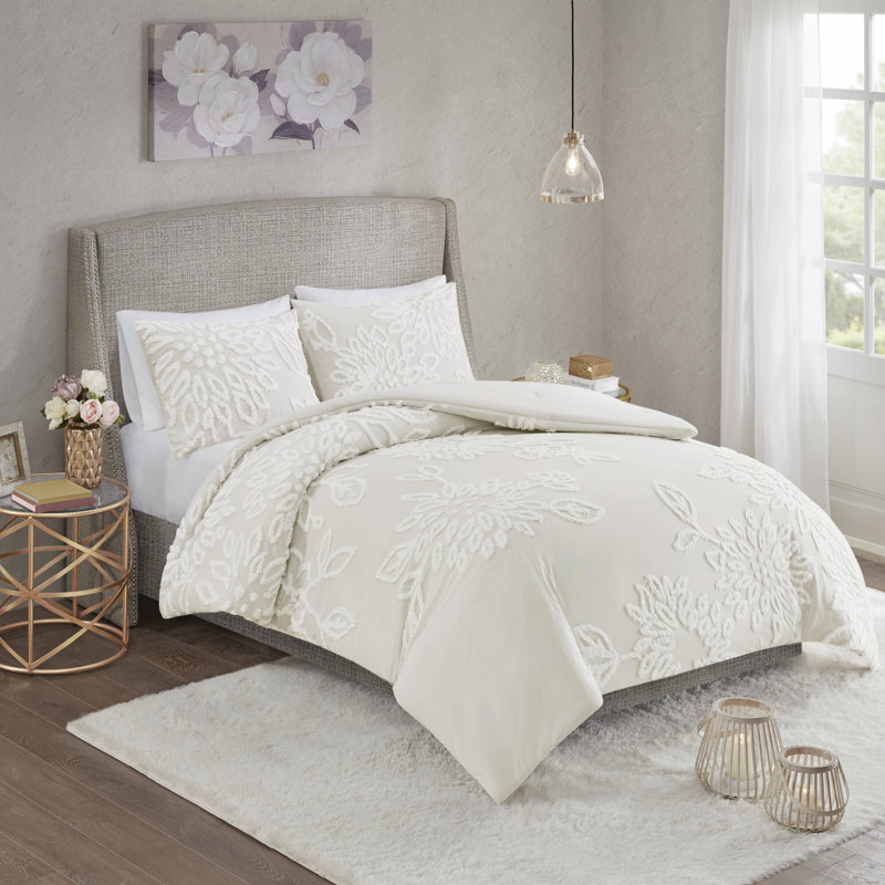 Off-White Cotton Chenille Floral Full/Queen Duvet Cover Set