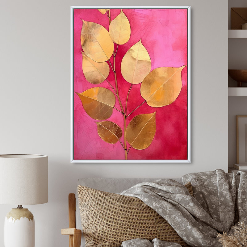 Harmony II feuilles roses et or, 40" H x 30" W, Black Picture Framed