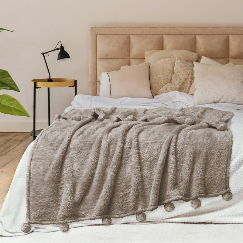 Twin Tan Taupe Sherpa Fleece Throw Blanket with Pom-Pom Fringe