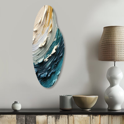 Teal Cream Surreal Spirals II - Abstract Spirals Asymmetrical Print on Metal, Teal Curved Metal Wall Decor