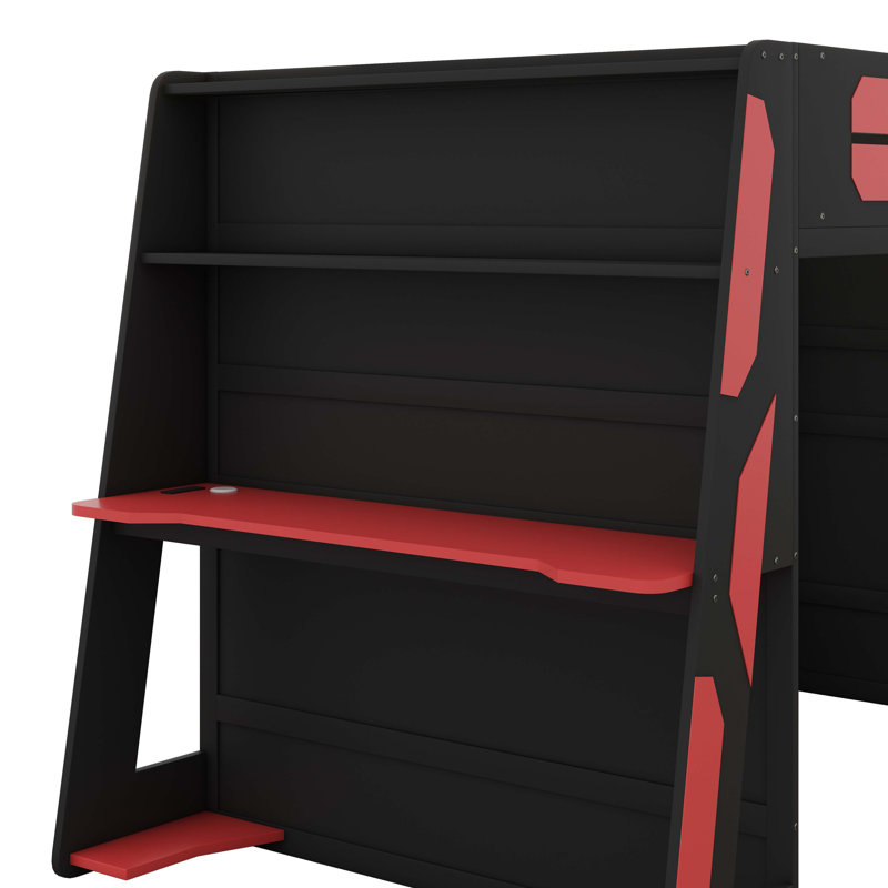 Lit mezzanine double pleine grandeur avec bureau, tablettes multiples et lumière RVB, Rouge