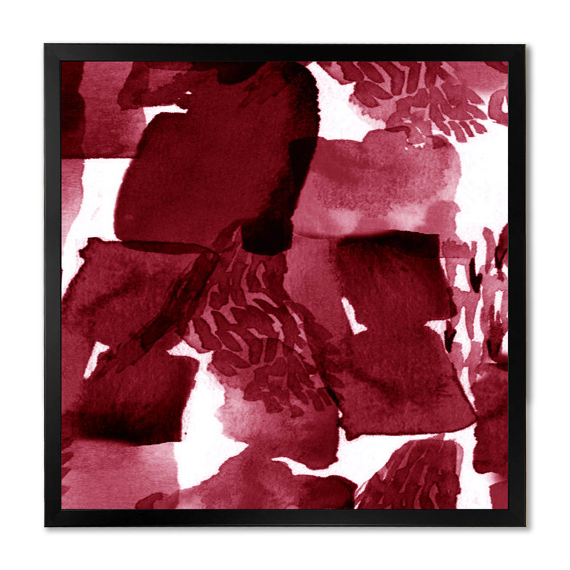 Abstract Burgundy Strokes On White - Modern Canvas Wall Art Print, Black Picture Framed, 30" H x 30" W