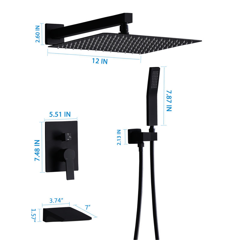Pomme de douche 12 po style noir mat - Ensemble de luminaire de salle de bain mural 12 po, disque de céramique équilibré, portatif, système de disque