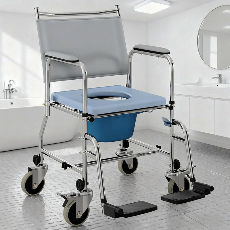 Fauteuil roulant de chevet avec siège rembourré, chaise de douche à roulettes, dossier