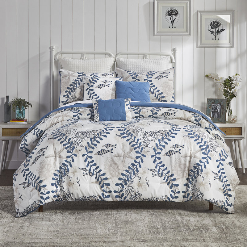 Caspian Blue and White Microfiber Queen Comforter Set with Nautical Design