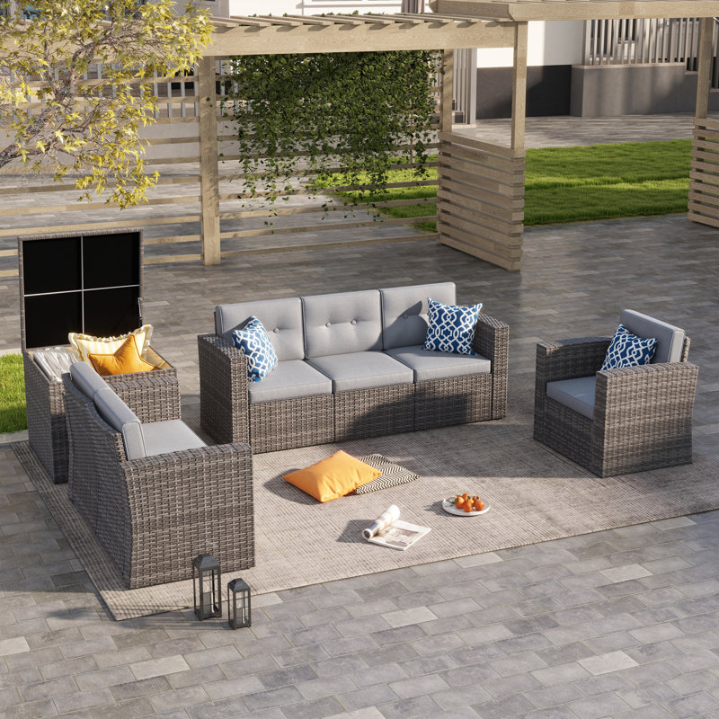 Frisby 6-Person Outdoor Wicker Conversation Set With Cushions And Storage Box, Gray, No