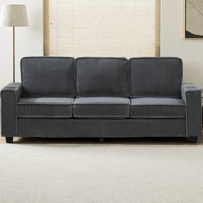 84.25" Corduroy 3-Seater Sofa with Cup Holders & Side Pockets, Modern Compact Couch with Storage for Living Room, Bedroom, Office, Home Theatre