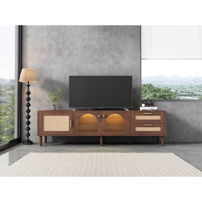 Meuble télé 70 po pour téléviseur de 90 po ou moins, meuble audio-vidéo avec lumières à DEL contrôlées par une application, 2 tiroirs et porte vitrée, console multimédia moderne pour le salon