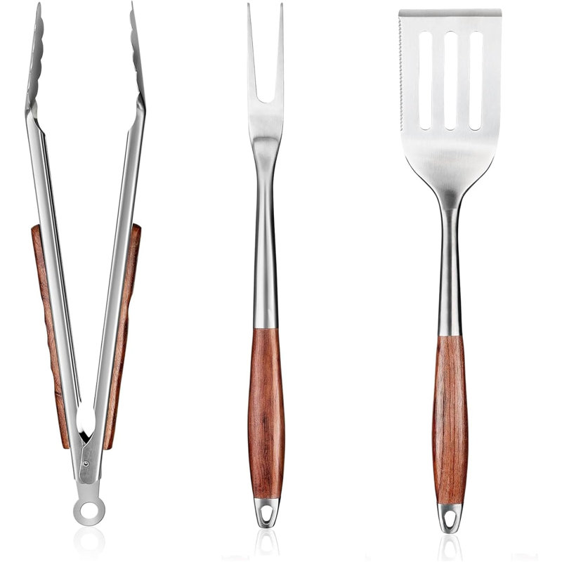 Ensemble 3 pièces d'outils de barbecue, pinces à fourche en acier inoxydable avec poignées en bois