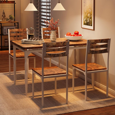 Ensemble de table de salle à manger de style campagnard industriel 5 pièces pour 4 personnes - table rectangulaire et chaises rembourrées, pieds en spirale, pour cuisine ou appartement - Tube blanc + brun rétro