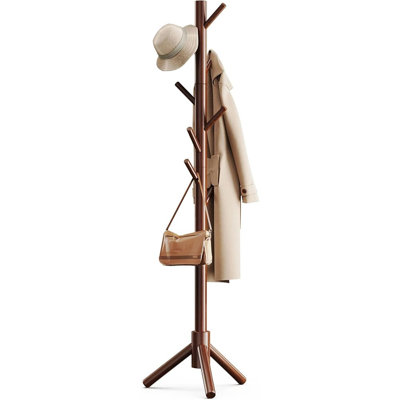 Solid Wooden Coat Rack Freestanding with 8 Hooks, 100% Pine Wood, Adjustable Height Options, Tool-Free Assembly, Large Stable Base, Smooth Rods and Hooks, Brown