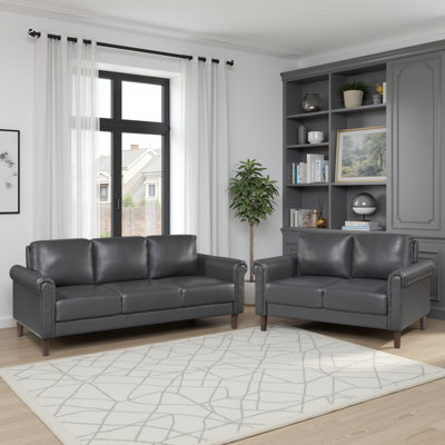 Kohlmeier Modern & Contemporary Faux Leather 2-Piece Living Room Set with Classic Rolled Arm Design, Foam & Pocket Coil Seating & Stylish Faux Wood Brown Feet