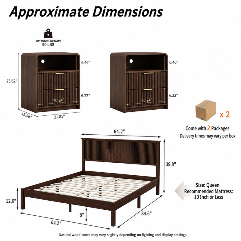 Ensemble de chambre à coucher 3 pièces Avho, Noyer, Trois pièces : lit et deux tables de chevet