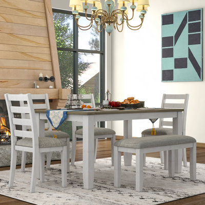 Rustic Style 6-Piece Dining Room Table Set With 4 Upholstered Chairs & A Bench (Brown + Whitewash)