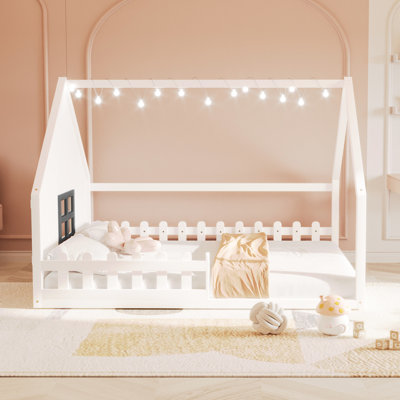 White Full Size Wood House Bed With Fence & Window - Construction Method, Led , No Box Spring For Bedroom Appeal Bed,
