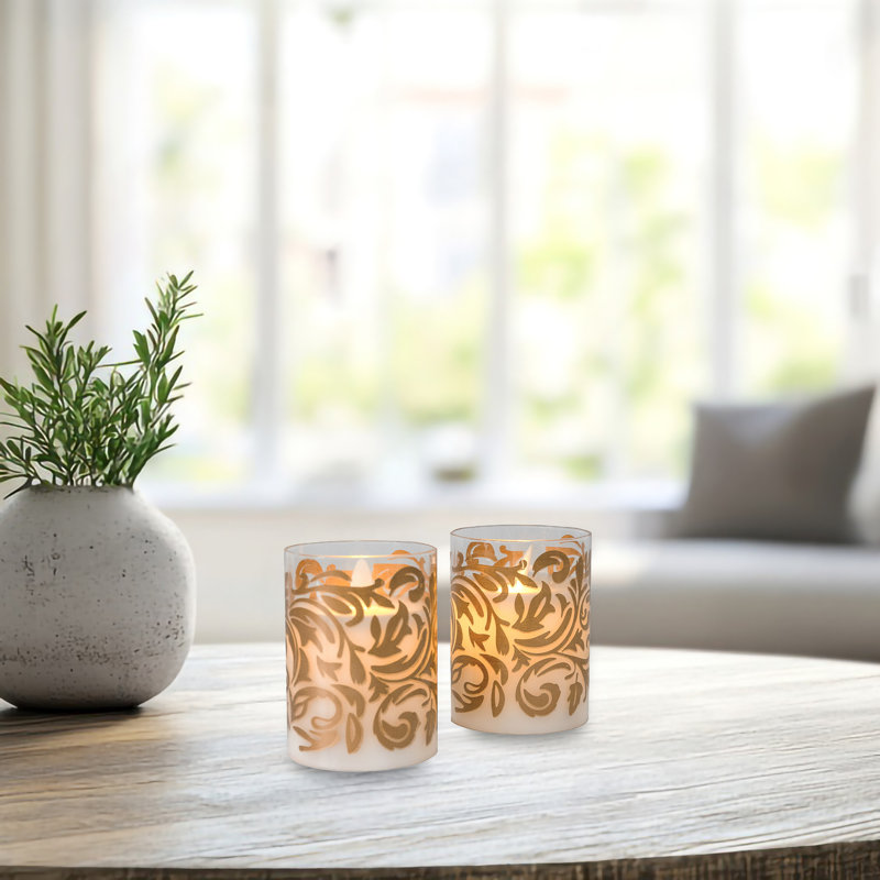 Bougies en verre DEL à piles avec flamme vacillante, tourbillon baroque - 2 pièces, Doré