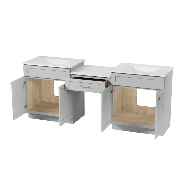 Meuble-lavabo double 85 po avec tiroir en bois massif et comptoir en quartz de Carrare, Gris