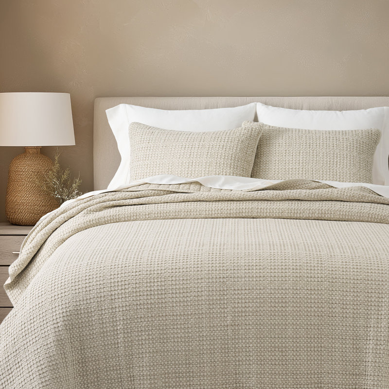 Stonewashed 100% Natural Cotton Waffle Quilt Set, Dark Flax, King Quilt + 2 King Shams