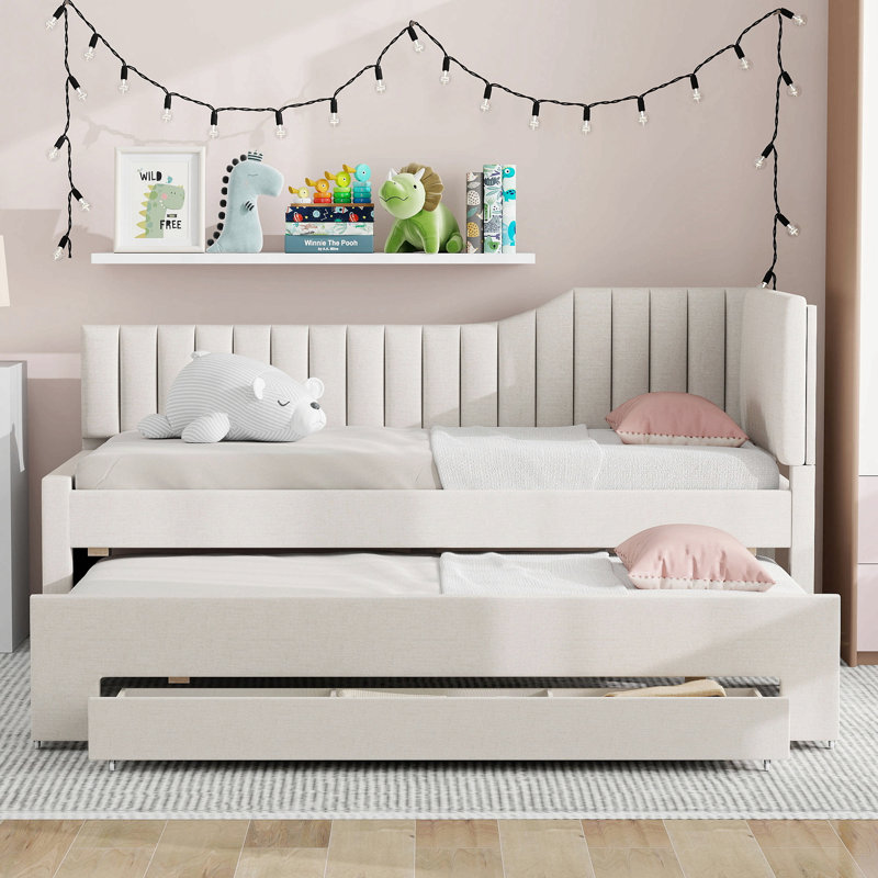 Upholstered Daybed With Trundle And 3 Drawers, Beige, Twin