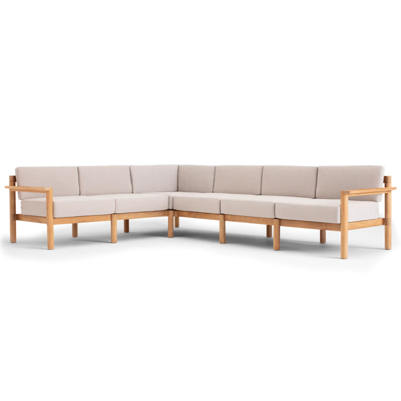 Haven 6-Piece Teak Outdoor Sectional with Sunbrella Cushions and Wooden Armrest in Rust, Sunbrella Ashe