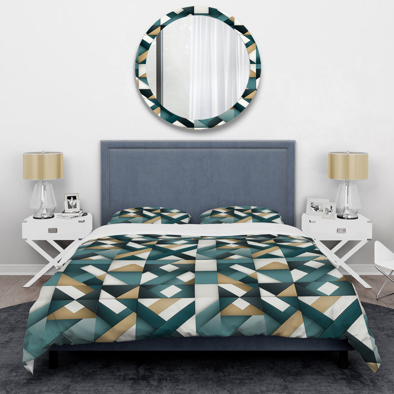Ensemble de housse de couette géométrique bleu sarcelle et doré I, Housse de couette pour très grand lit et 2 très