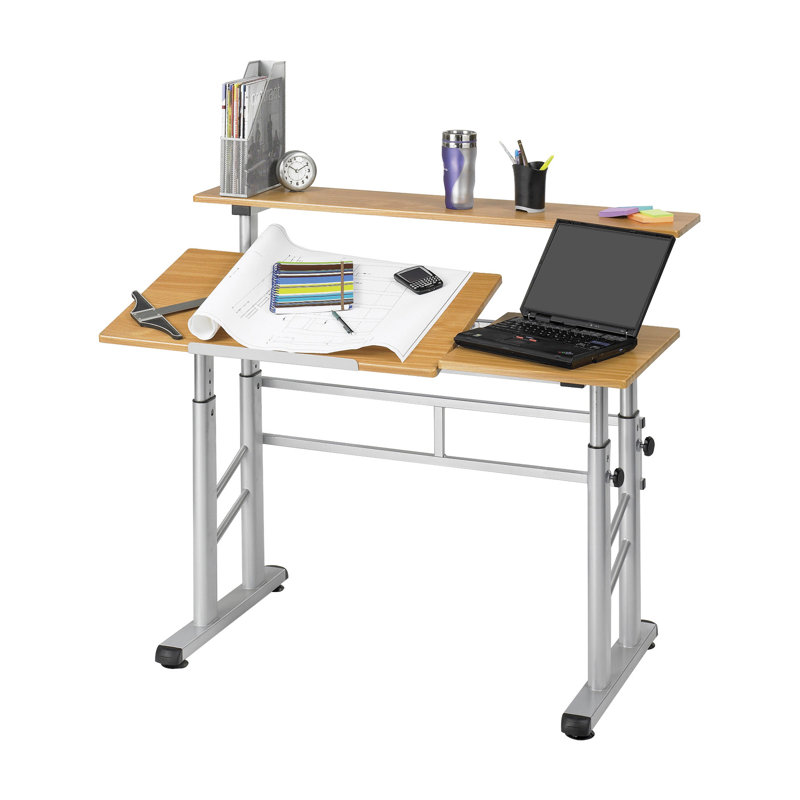 Medium Oak Adjustable Height Drafting Table with Shelving