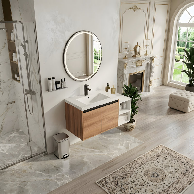 Meuble-lavabo mural multifonctionnel avec lavabo et armoire latérale séparée, 42