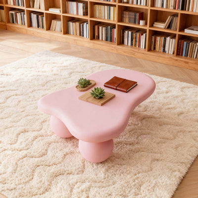 40 Inch Cloud Shaped Coffee Table, Low Coffee Table With 3 Ball Legs For Living Room, Pink
