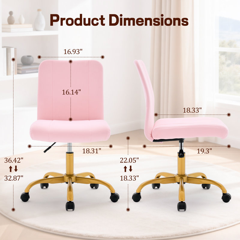 Office Chairs,360°Swivel Vanity Chair with Wheels，Adjustable Velvet Task Chair，Modern Armless Desk Chair for Living Room，Office