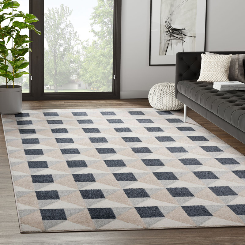 Gradislava NUE100A Square Grid Pattern Cream Black Area Rug, Rectangle 5'3" x 7'6"
