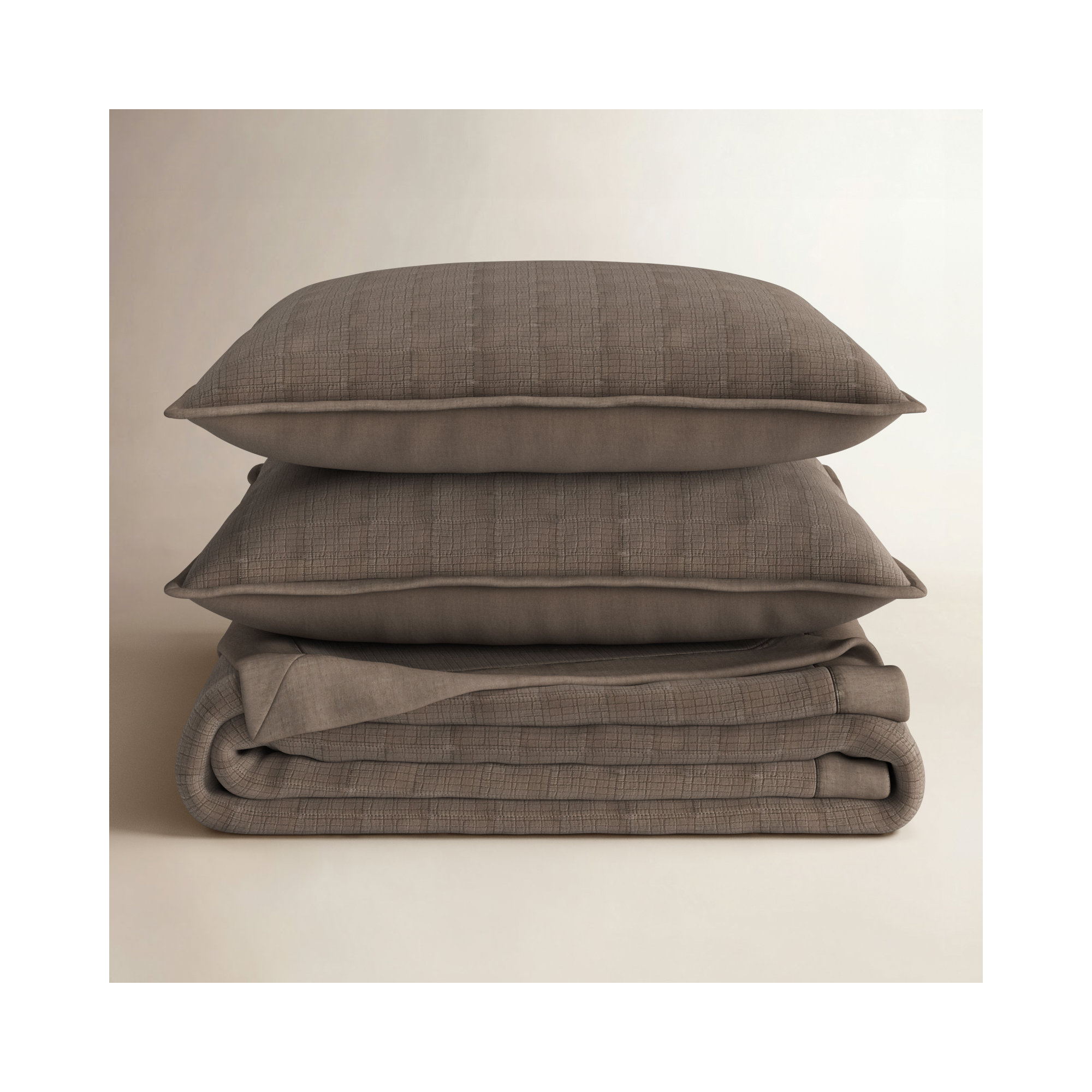 Stonewashed Crinkle Cotton Box Stitch Quilt Set, Mocha Brown, King Quilt + 2 King Shams