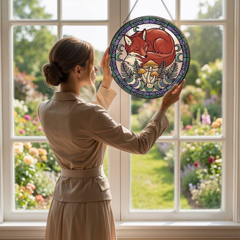 Sleeping Fox Stained Glass Window Panel，12"H, 12"H