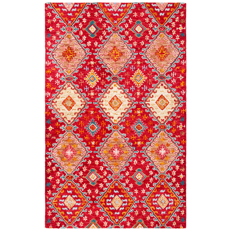 Tapis en laine / coton touffeté à la main en rouge / or Southwestern, Rectangle 3 pi x 5 pi