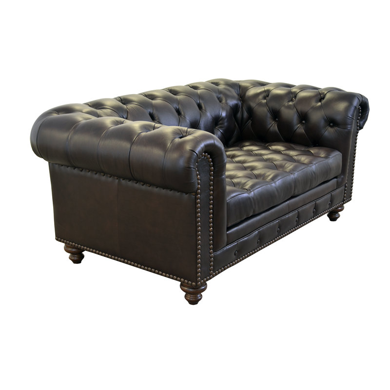 Canapé Chesterfield à accoudoirs roulés 74 po Stavri, Cuir véritable avoine Burnham