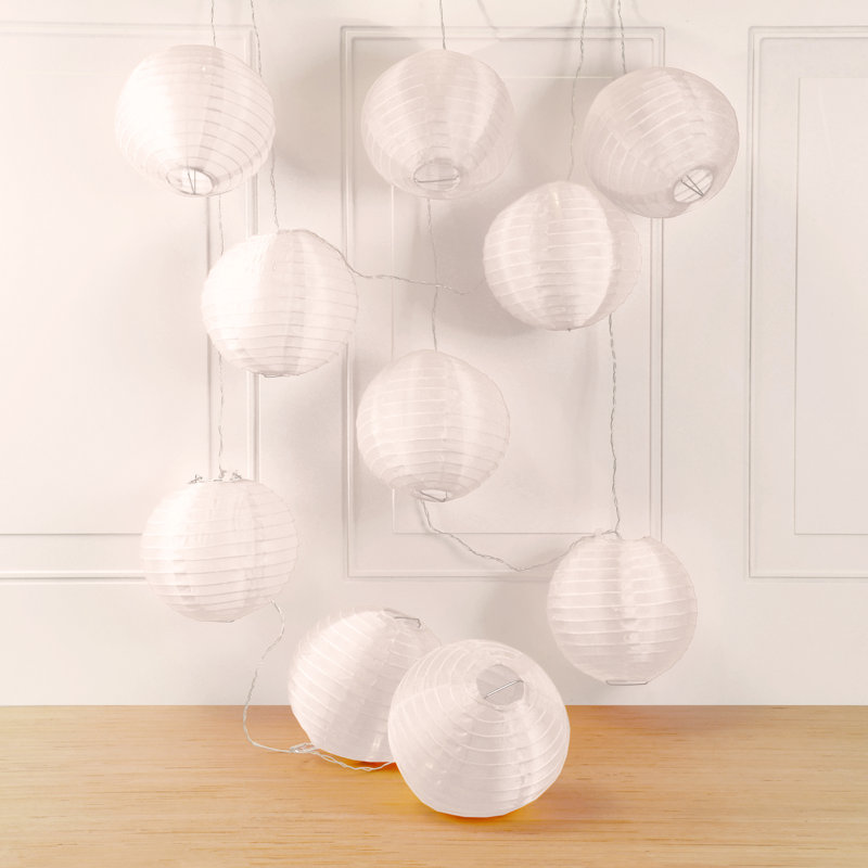 Battery Operated String Lights with 10 Nylon Lanterns, White