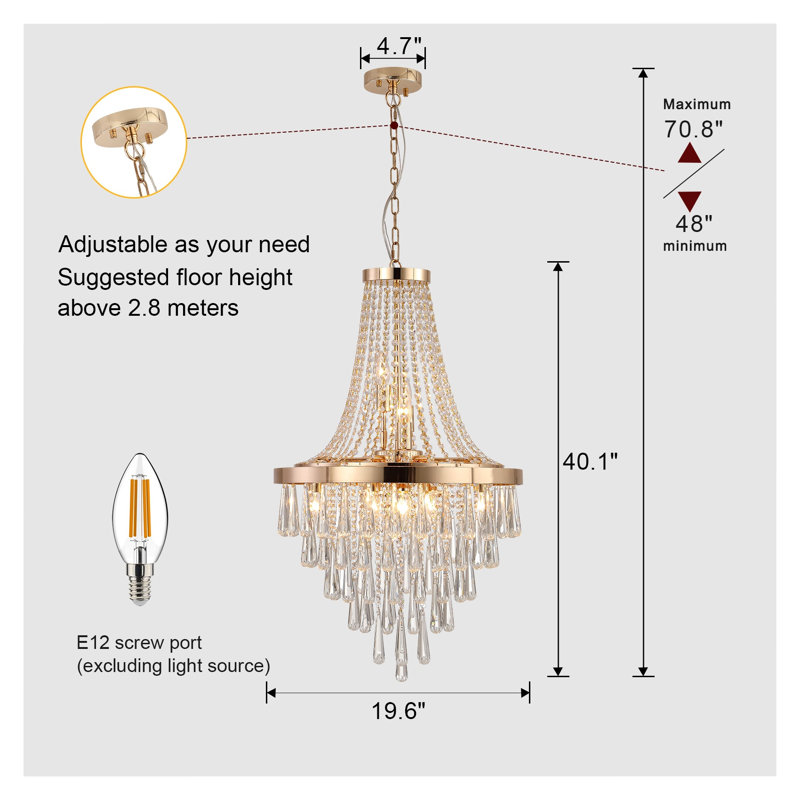 Lustre moderne en cristal doré de 20 po - Luminaire suspendu élégant à niveaux pour salle à manger et vestibule