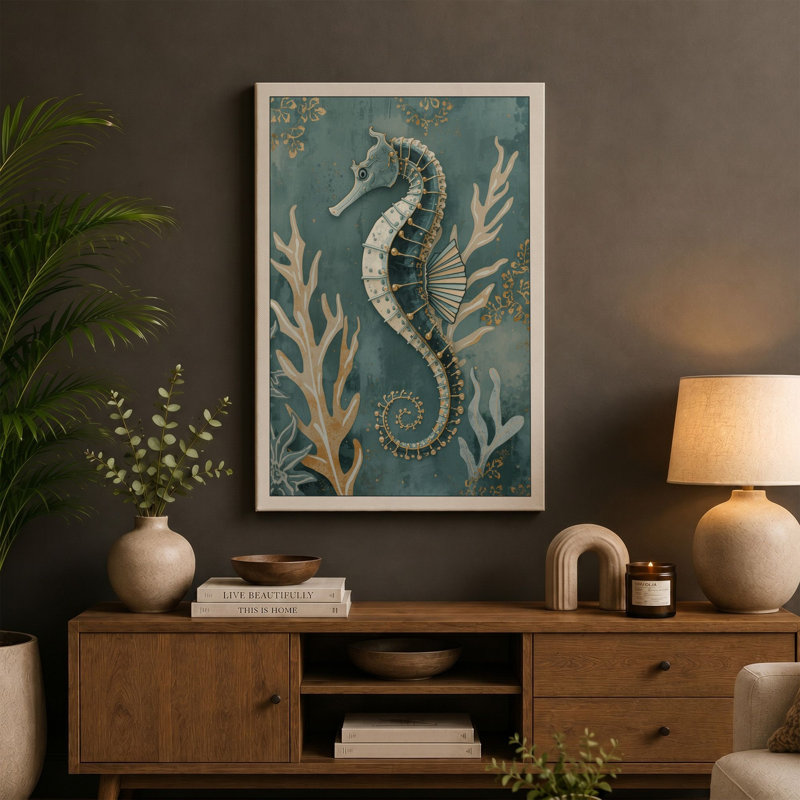 Seahorse and Coral Coastal - Wrapped Canvas, 36x24 - 91.4 x 61.0 cm, Teal Border