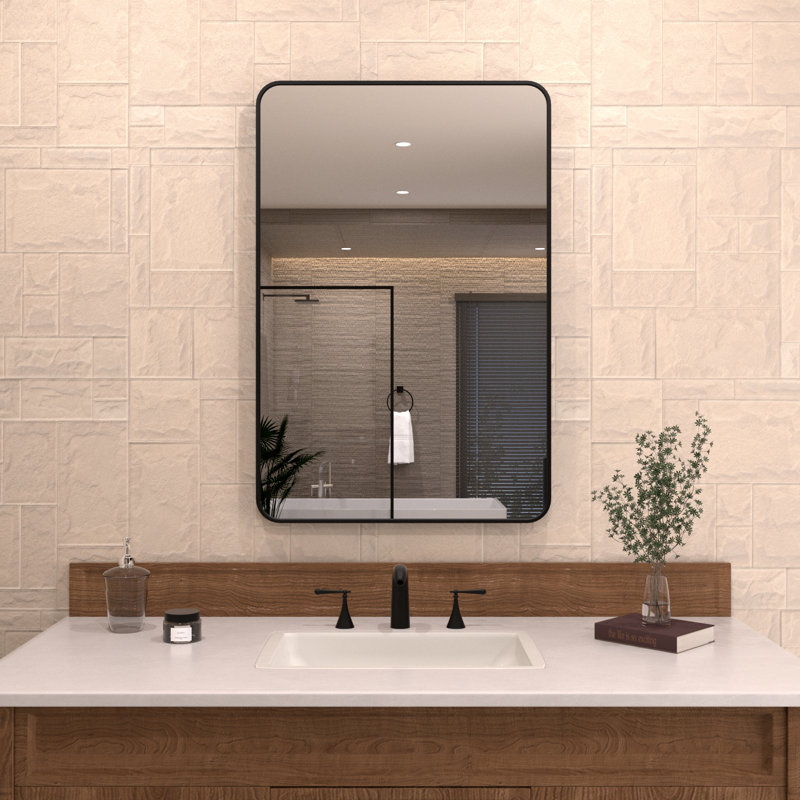 Scannell Rectangular Framed Wall Bathroom Vanity Mirror In Gun, Matte Black, 24" x 36"