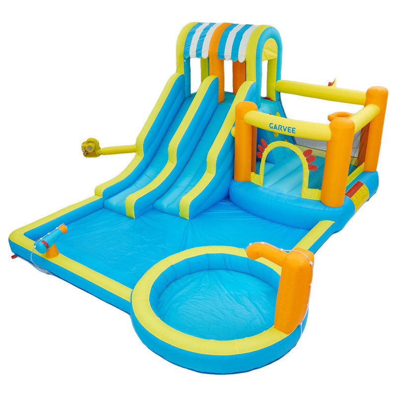 Parc aquatique gonflable de 16 pi - glissade 9-en-1 avec glissade, mur d'escalade, panier de basketball et piscine pour enfants