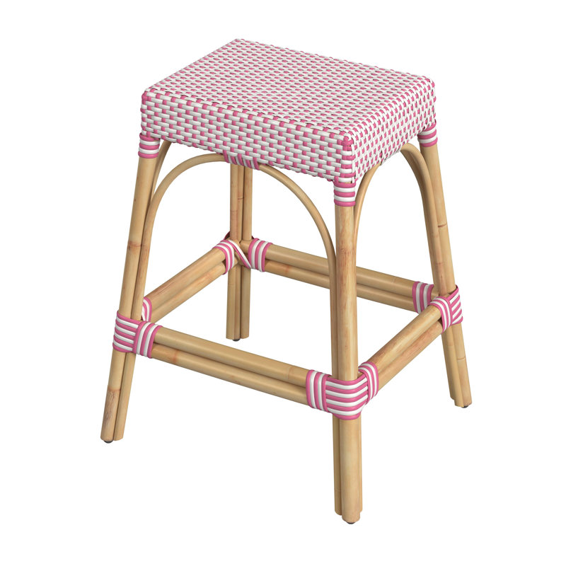 Robias Rattan Bar & Counter Stool, White/Pink Dot/ Natural Rattan Frame, Counter Stool (24.5" Seat Height)