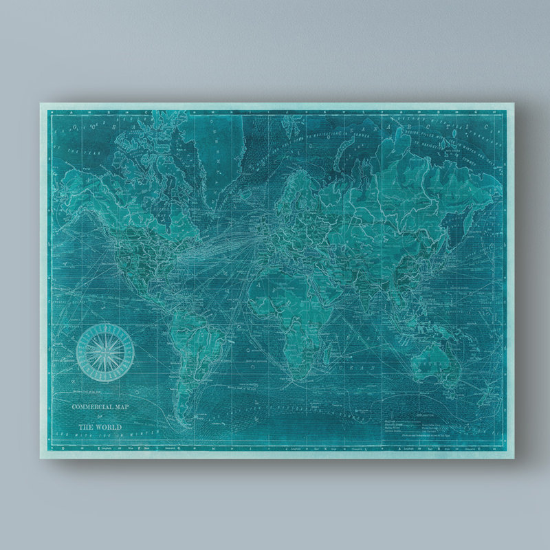 « azure world map », reproduction d’impression sur toile tendue, H 24 po x l 32 po x P 2 po