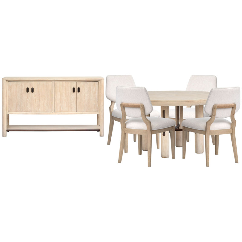 Table de salle à manger extensible ronde avec 4 chaises d'appoint rembourrées et buffet, 6 pièces: table, 4 chaises, buffet