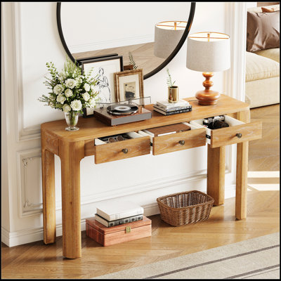 Console rustique avec coins arrondis pour la sécurité, table d'entrée avec 3 tiroirs dissimulés, table de canapé robuste avec des pieds épais pour le couloir et le salon